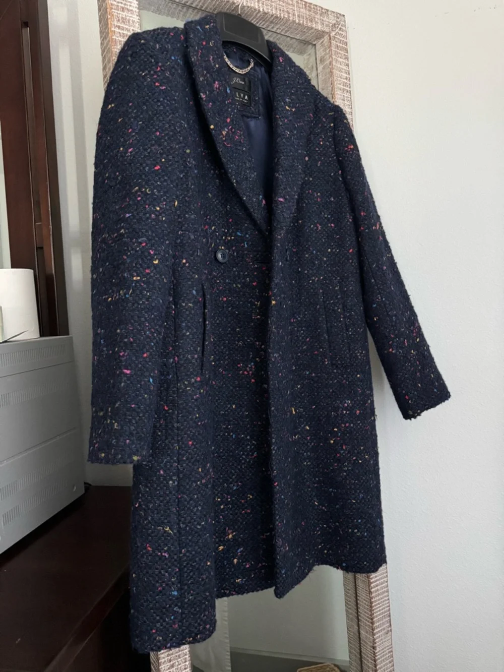 J. Crew NALYA Daphne Wool Blend Tweed Long Coat in Speckled Navy - Picture 2 of 7